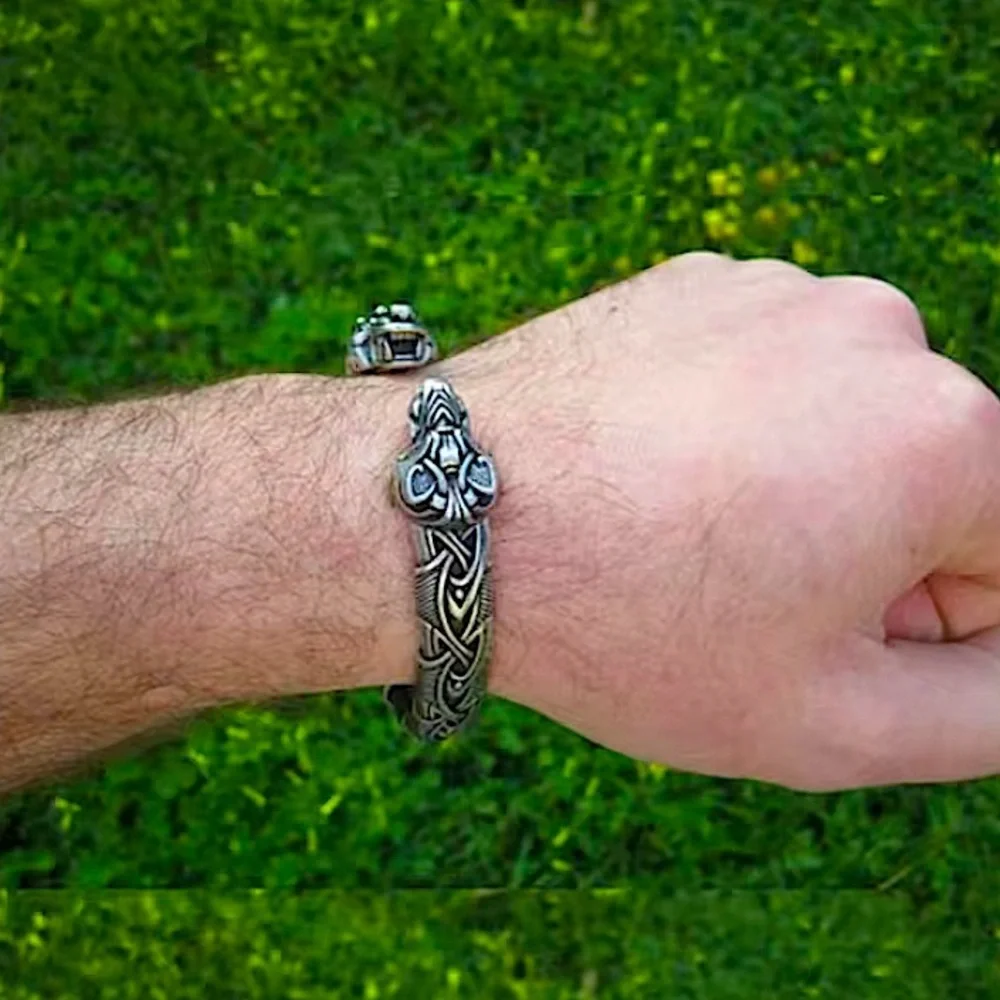 Silver Wolf Head Viking Norse Knotwork Cuff Bangle Bracelet